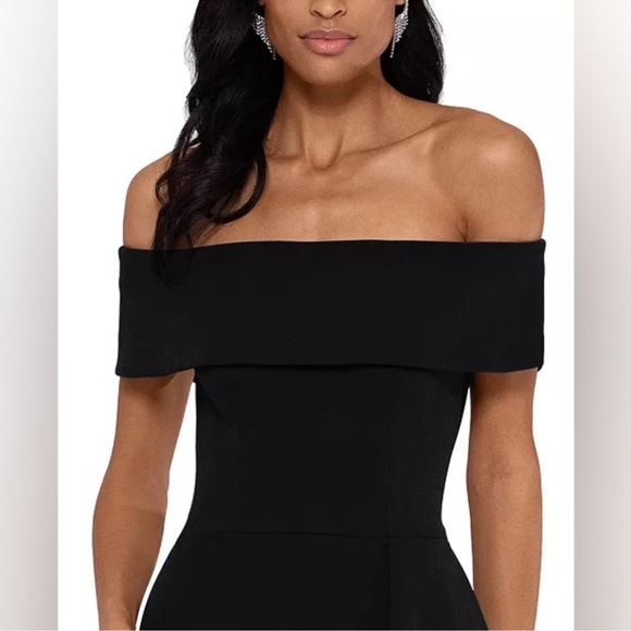 Betsy & Adam Black Ruffle Off-Shoulder Mermaid Gown Black Sz 6 - Picture 15 of 16